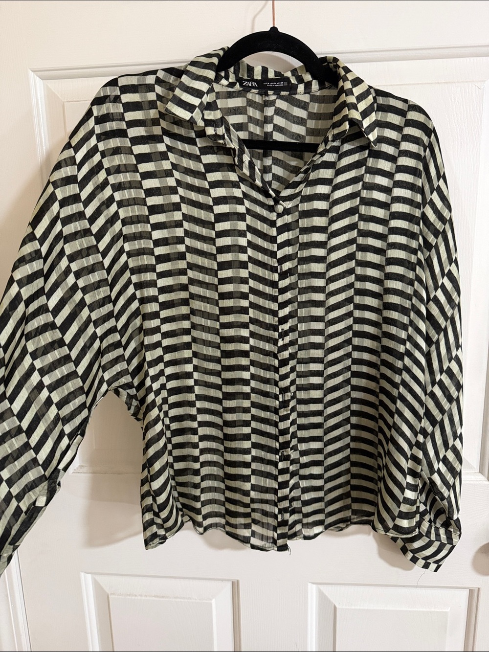 Zara Black and Cream Checkered Button-Down Shirt